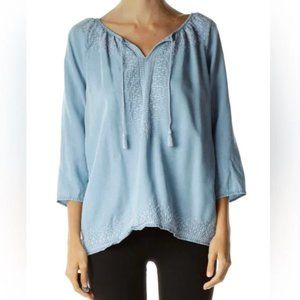 J. Jill Denim Chambray Peasant Blouse XL Embroidery Blue Tencel Tassel B…